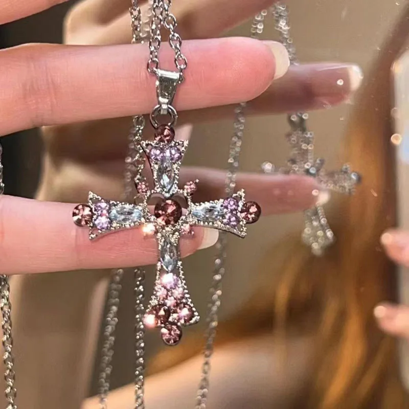 Women's rhinestone pendant pink and purple necklace - Image 4
